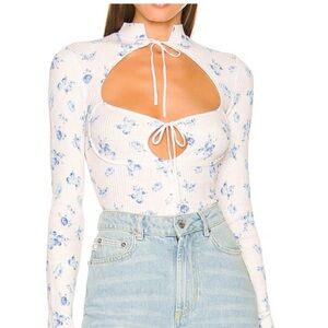 Guizio Floral Cutout Long-Sleeve Top in White and Blue Small NWOT